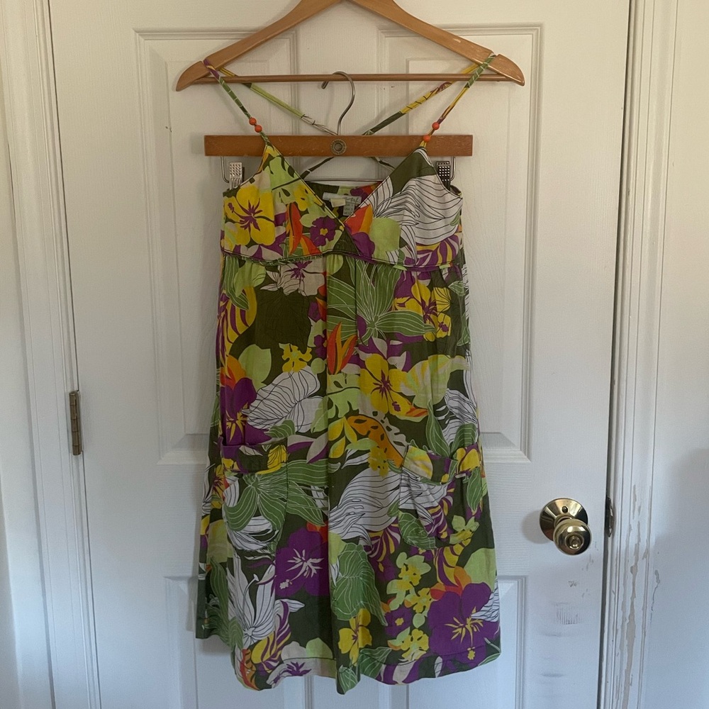 Y2K Zara TRF Flax Linen Blend Hawaiian Floral Sweetheart Dress